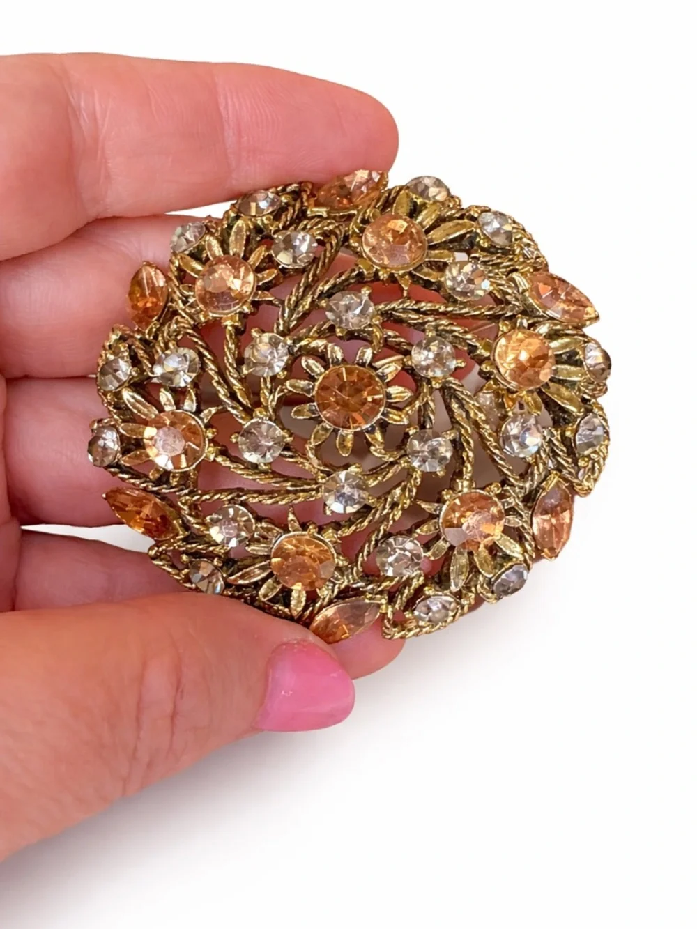 Vintage Large Gold Tone Rhinestone Floral‎ Brooch – Champagne & Clear Stones